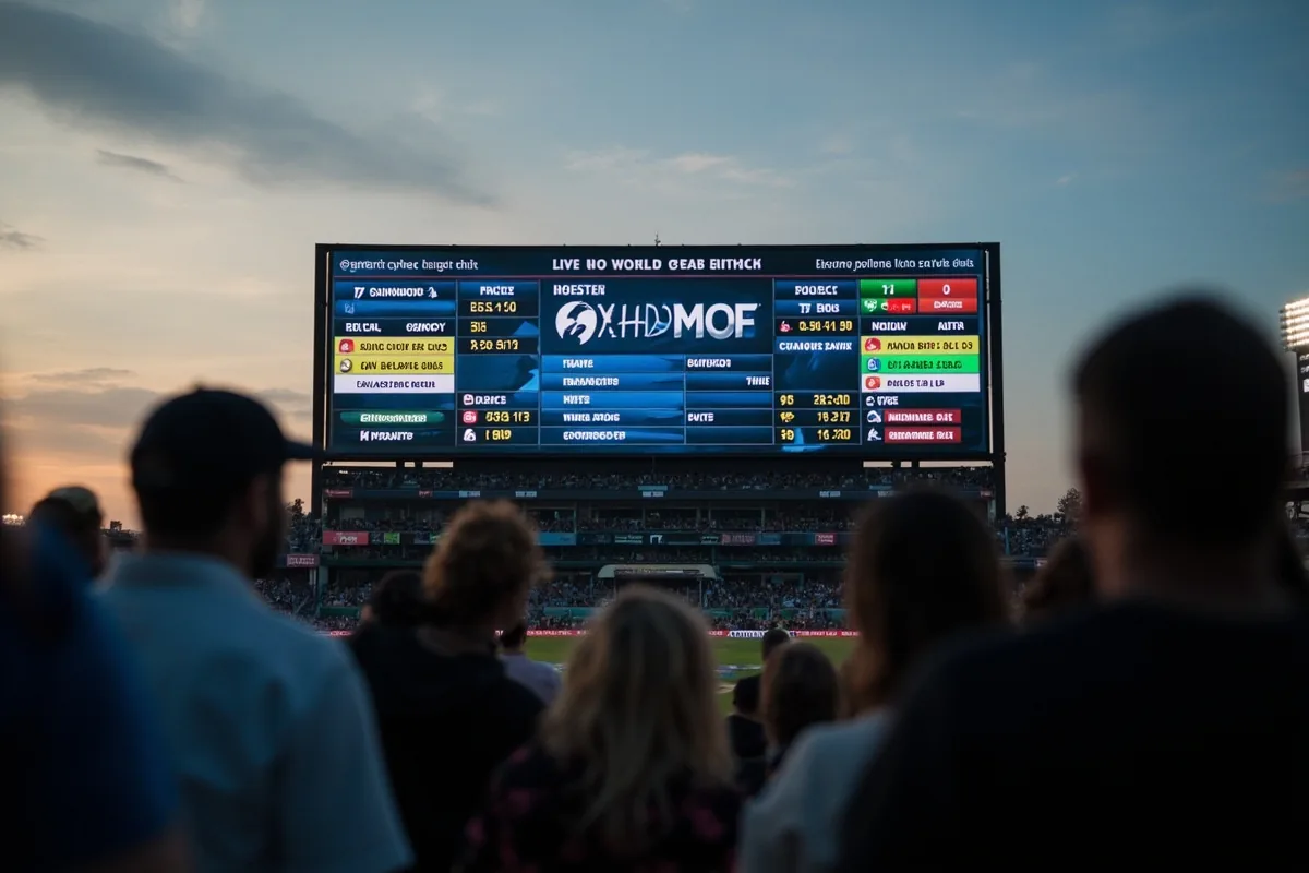 Stadium scoreboard showing live cricket match data