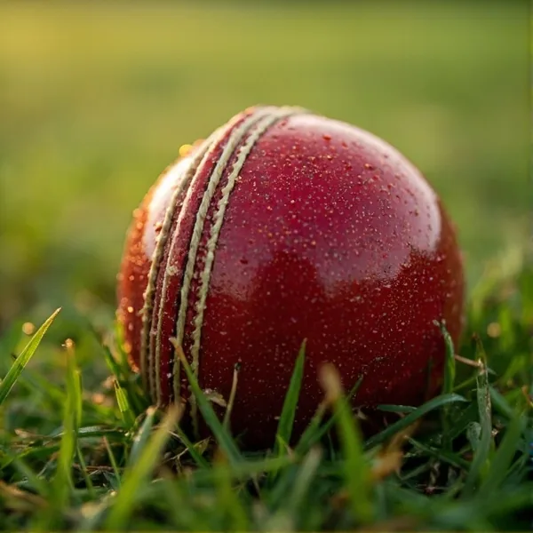 Close-up of a red cricket ball on grass