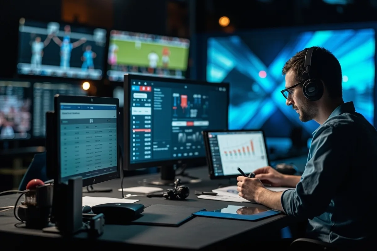 Cricket analyst reviewing match statistics on a tablet