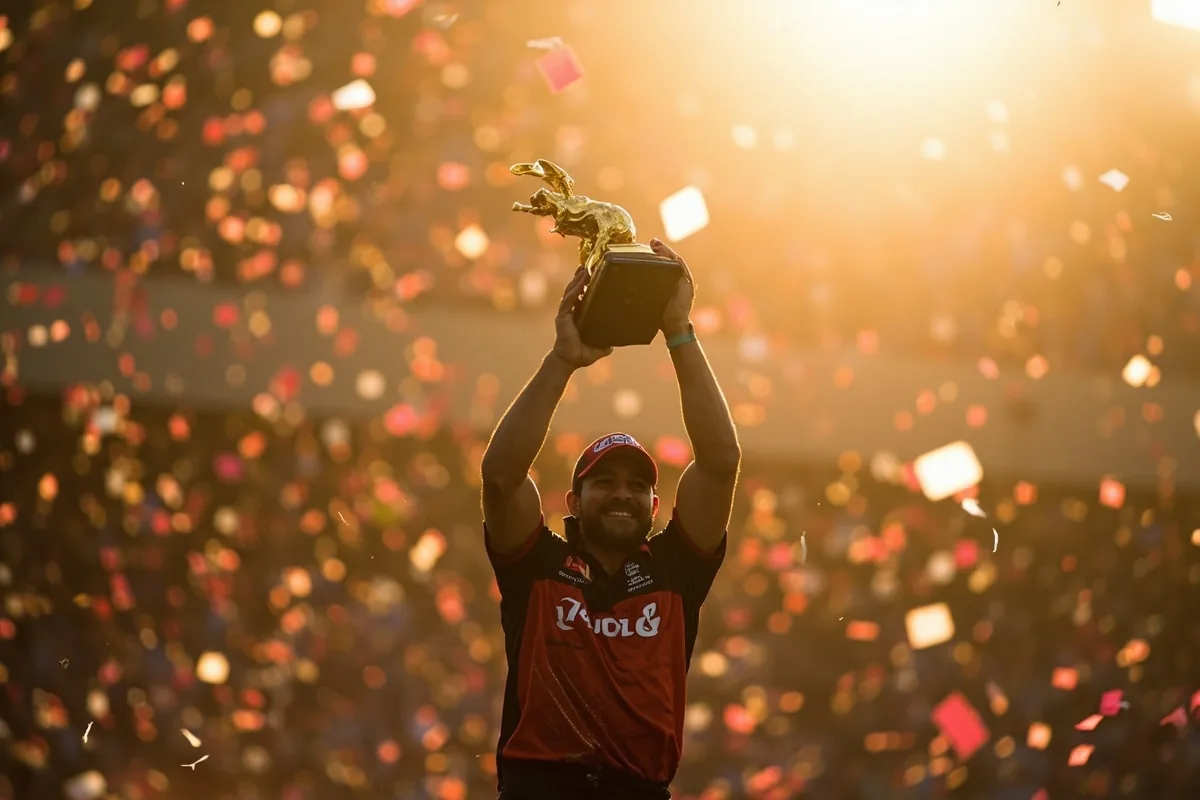 Cricket player lifting the IPL trophy in celebration