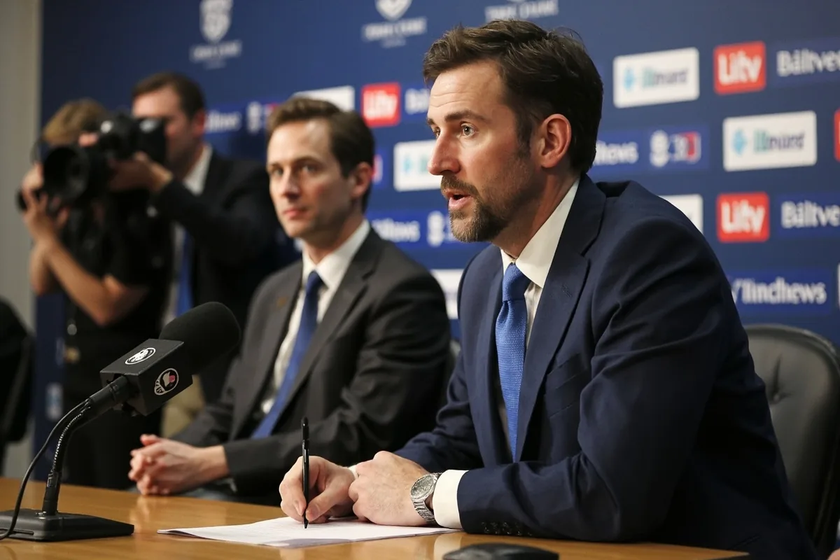 Cricket press conference room with microphone and notebook
