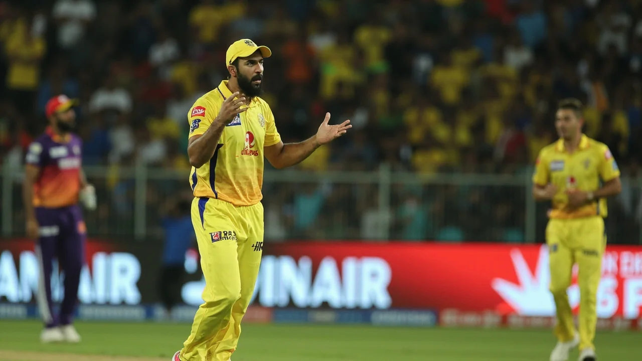 Chennai Super Kings fielding unit set during a spin bowling spell against Kolkata Knight Riders