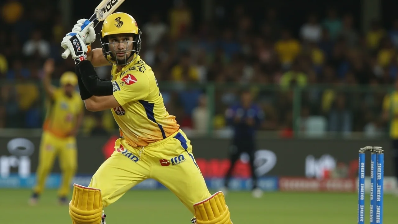 Spinner in delivery stride during a powerplay over in Chennai under floodlights