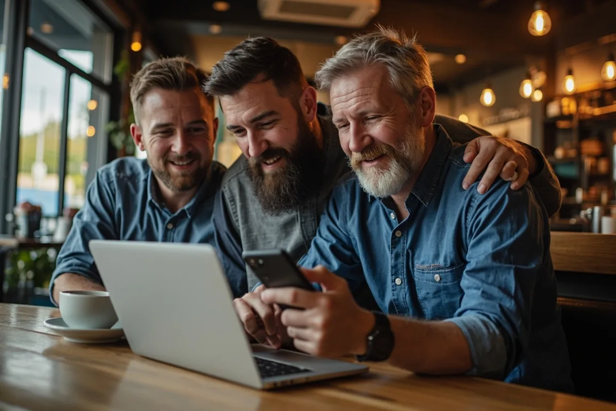 Friends discussing fantasy cricket teams on a laptop
