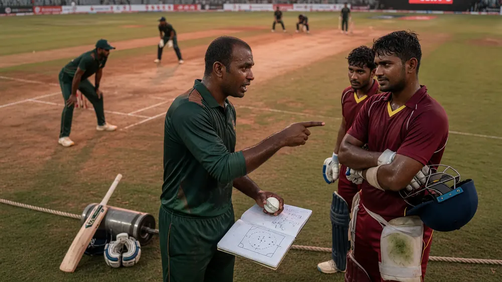Fielders and bowler setting a ring field during a professional T20 cricket match