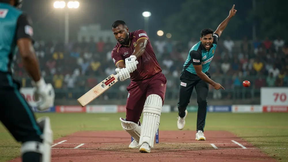 Cricket batter playing a controlled drive during a day-night T20 match under stadium lights