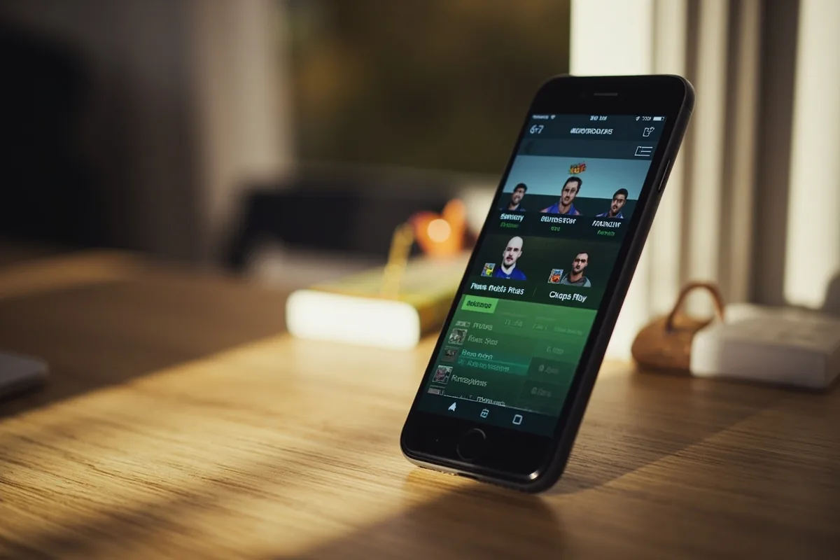 Mobile phone fantasy cricket app on desk