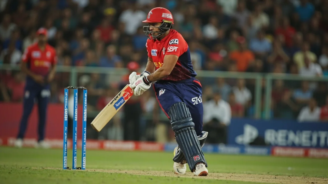 A cricket batter in batting stance under floodlights, focused on an incoming delivery